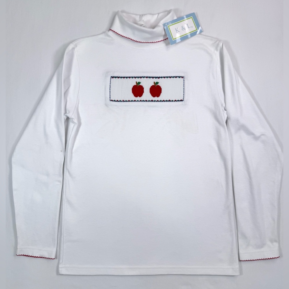 NWT K&L Girls' White‎ Smocked Apple Long Sleeve Turtleneck School Academia 10